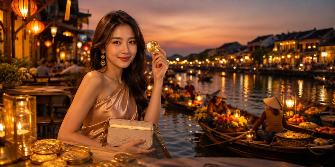 Người dùng tại Hội An xem thông tin ưu đãi và voucher thể thao trên điện thoại bên tách cà phê buổi sáng