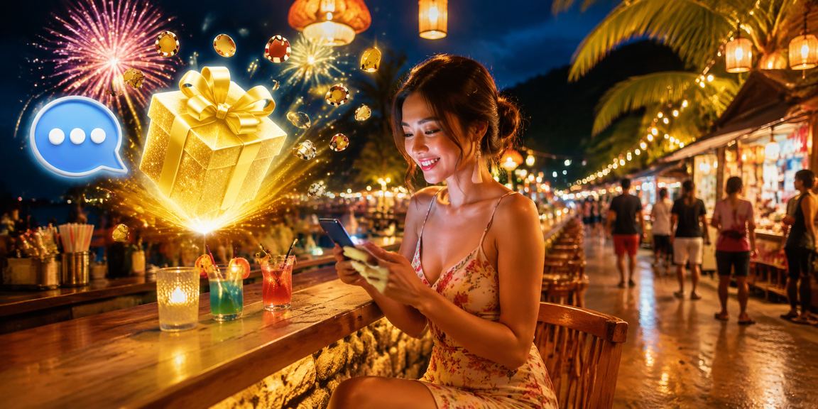 Du khách tại Phú Quốc thử game casino mới trên điện thoại trong không khí chợ đêm ven biển